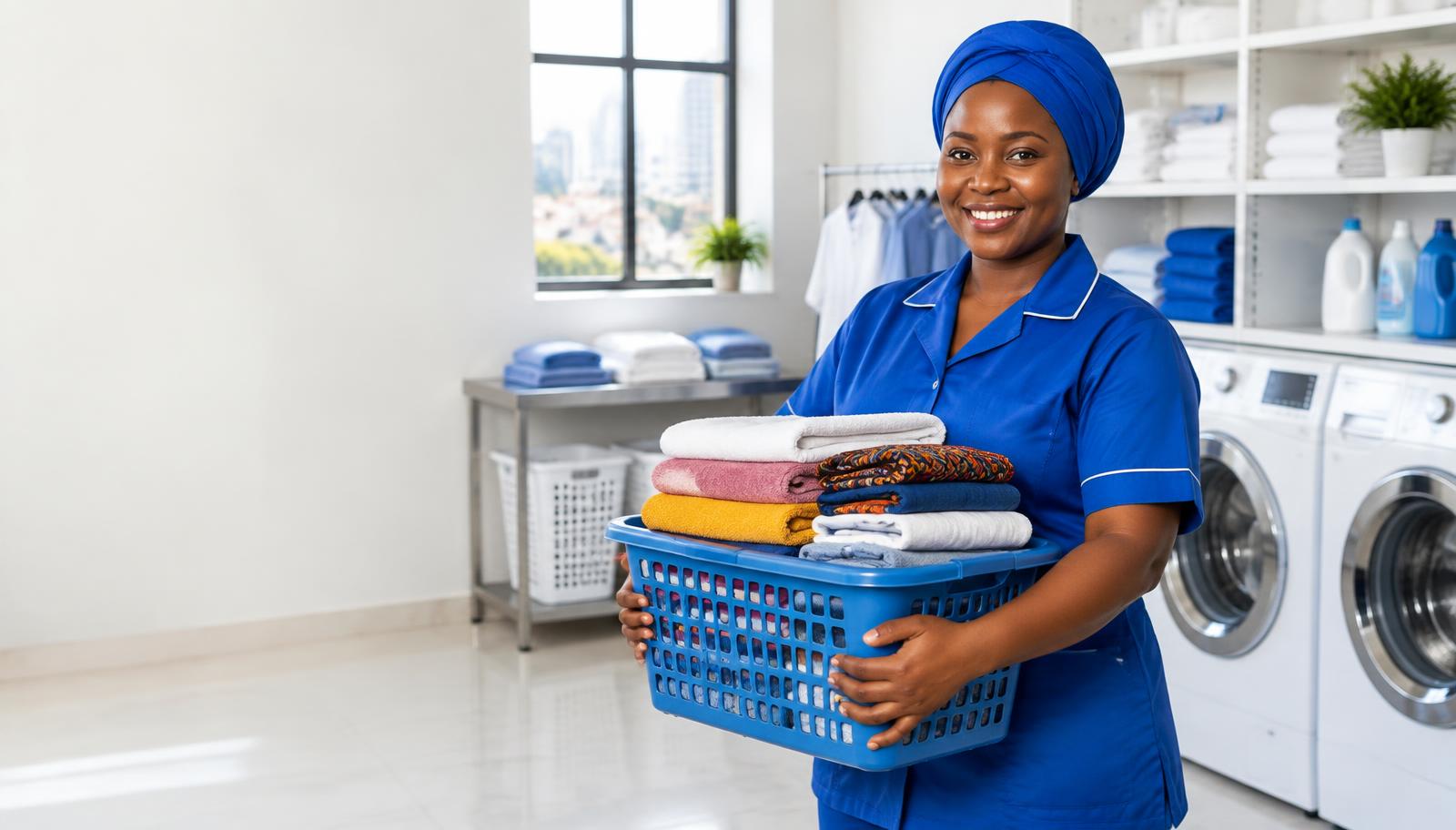 Express Wash Up laundry professional holding freshly folded clothes